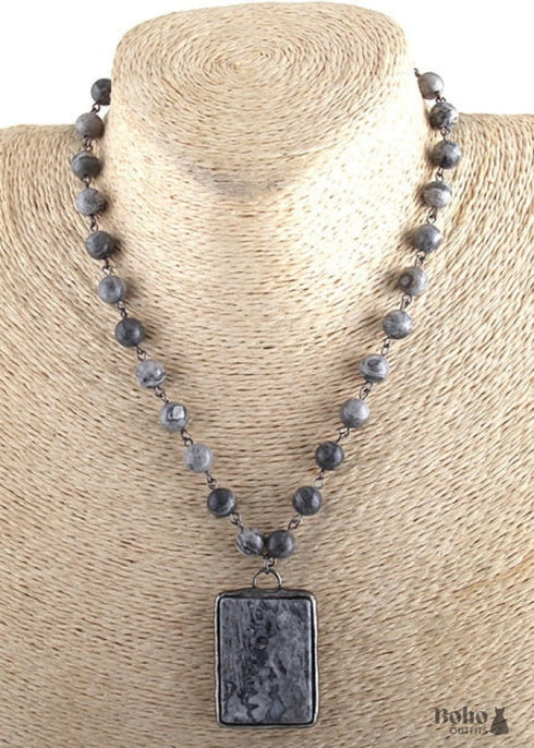 Boho Necklace, RH Jade Amazonite, Square Green Natural Stone